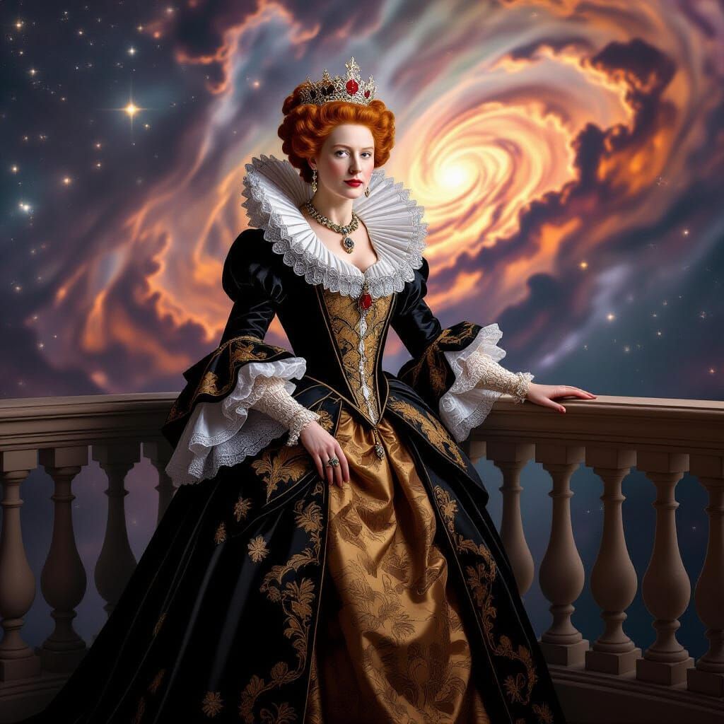 Queen Elizabeth I on Celestial Balcony in Hyperrealistic Sty...