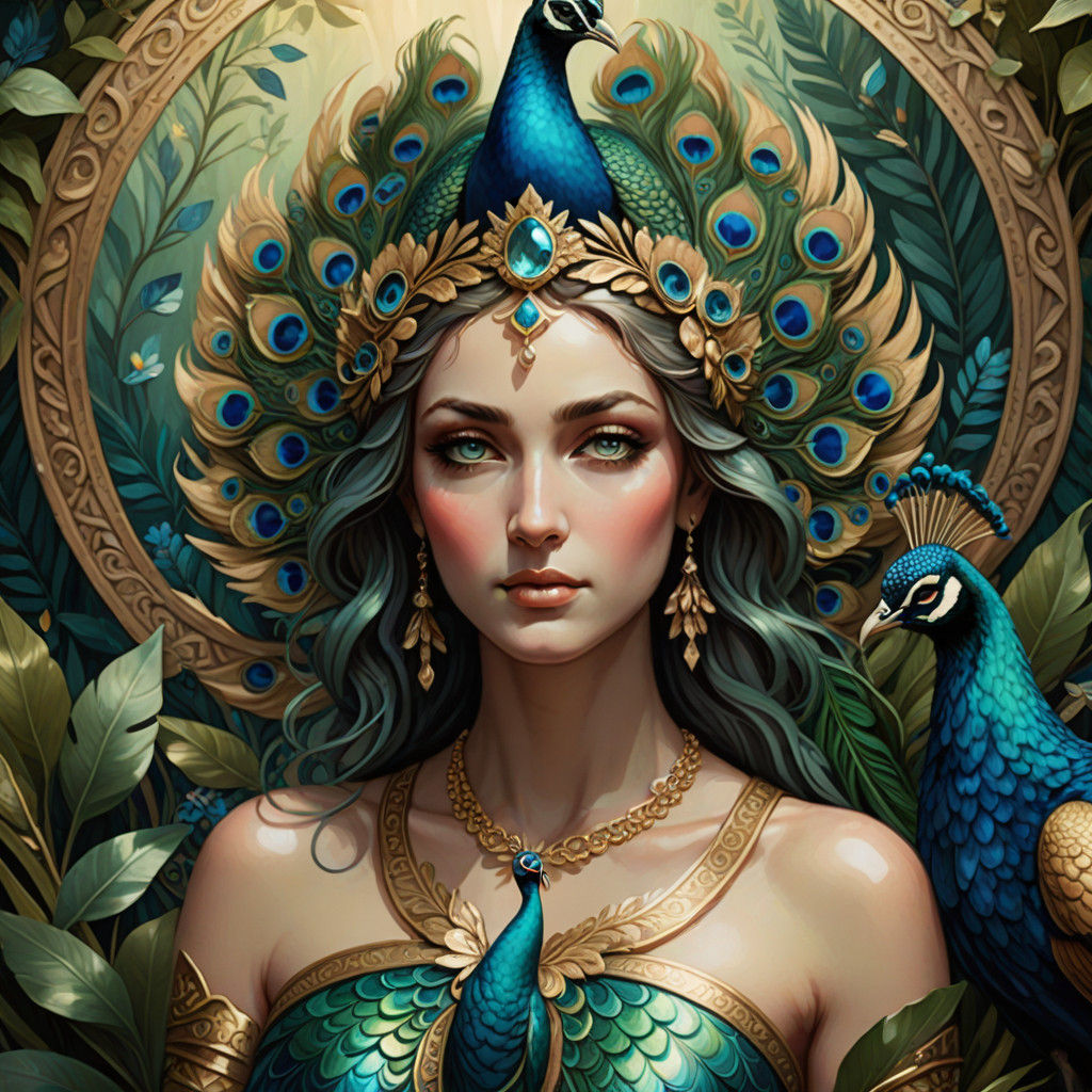 Goddess Hera in Elegant Bikini with Majestic Peacock