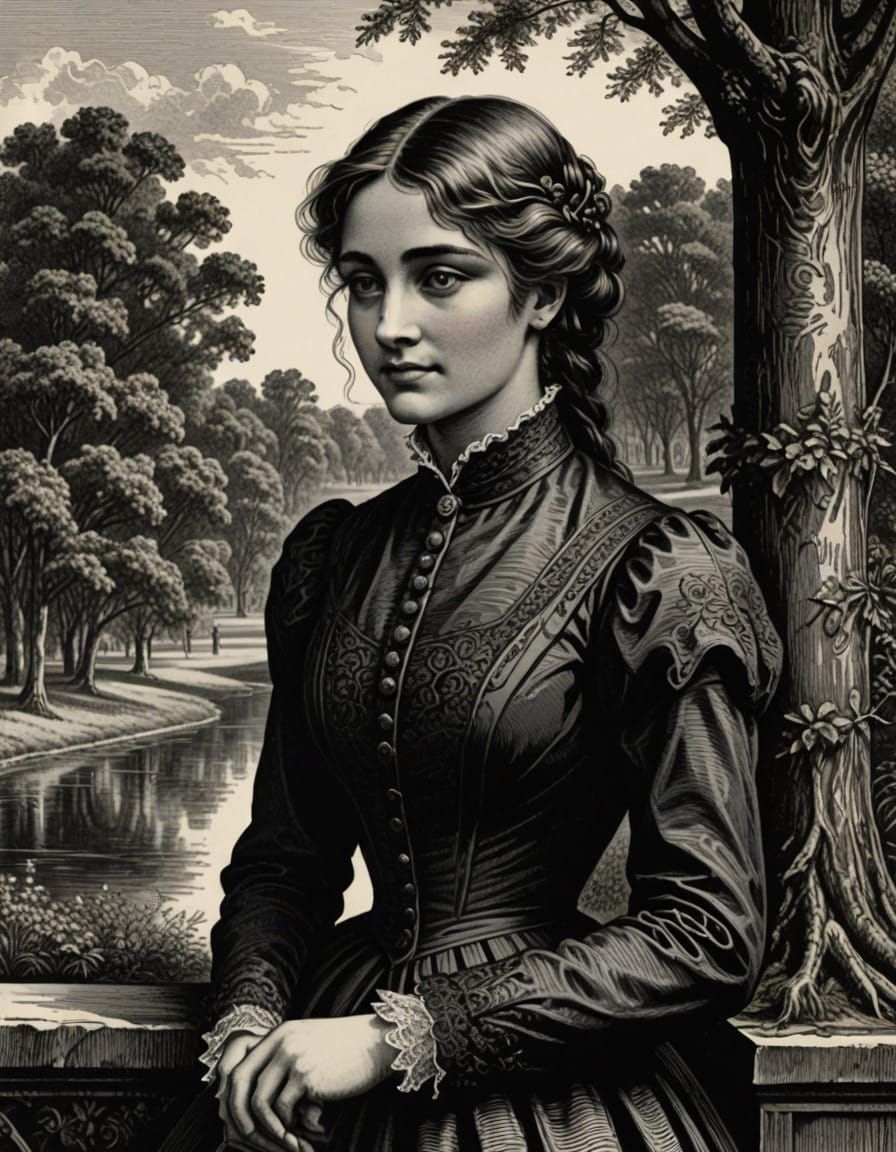 Elegant Victorian Lady in a Park Woodcut Illustration