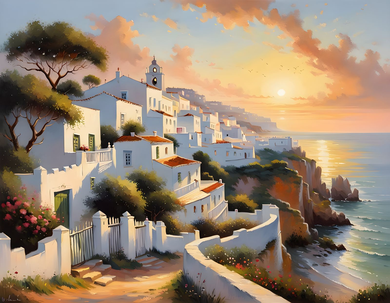 Albufeira Sunrise: White Houses in Oil Painting Style