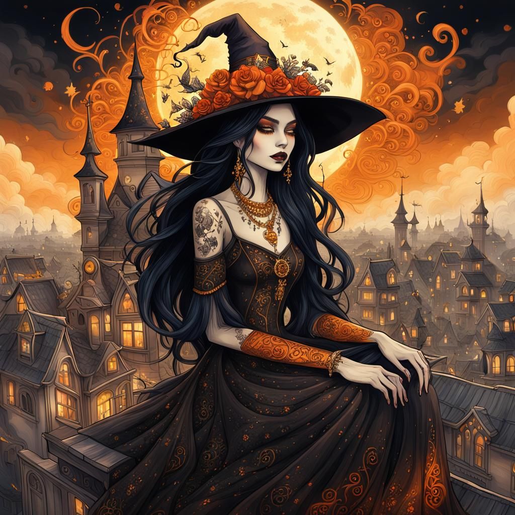 Whimsical Witch in Gothic Cityscape Illustration