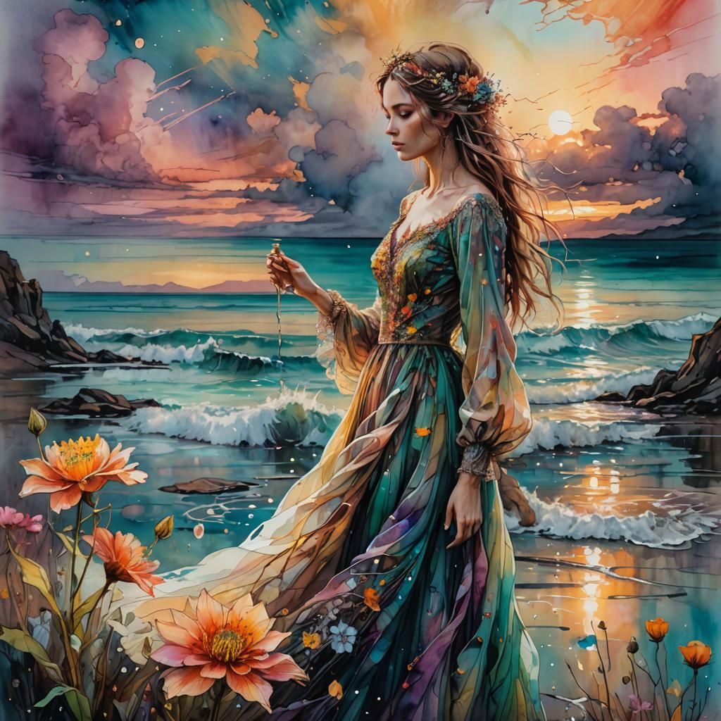 Ophelia Gazing at Flower, Alcohol Ink Art