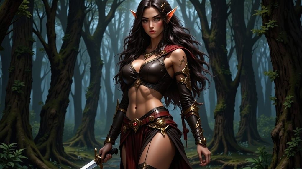 Female Elf Scout in Dark Forest, Ready to Fight