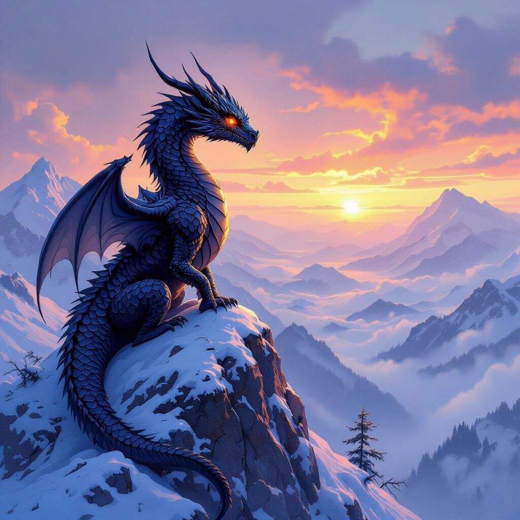 Obsidian Dragon Perched on Snowy Peak in Hyperrealism