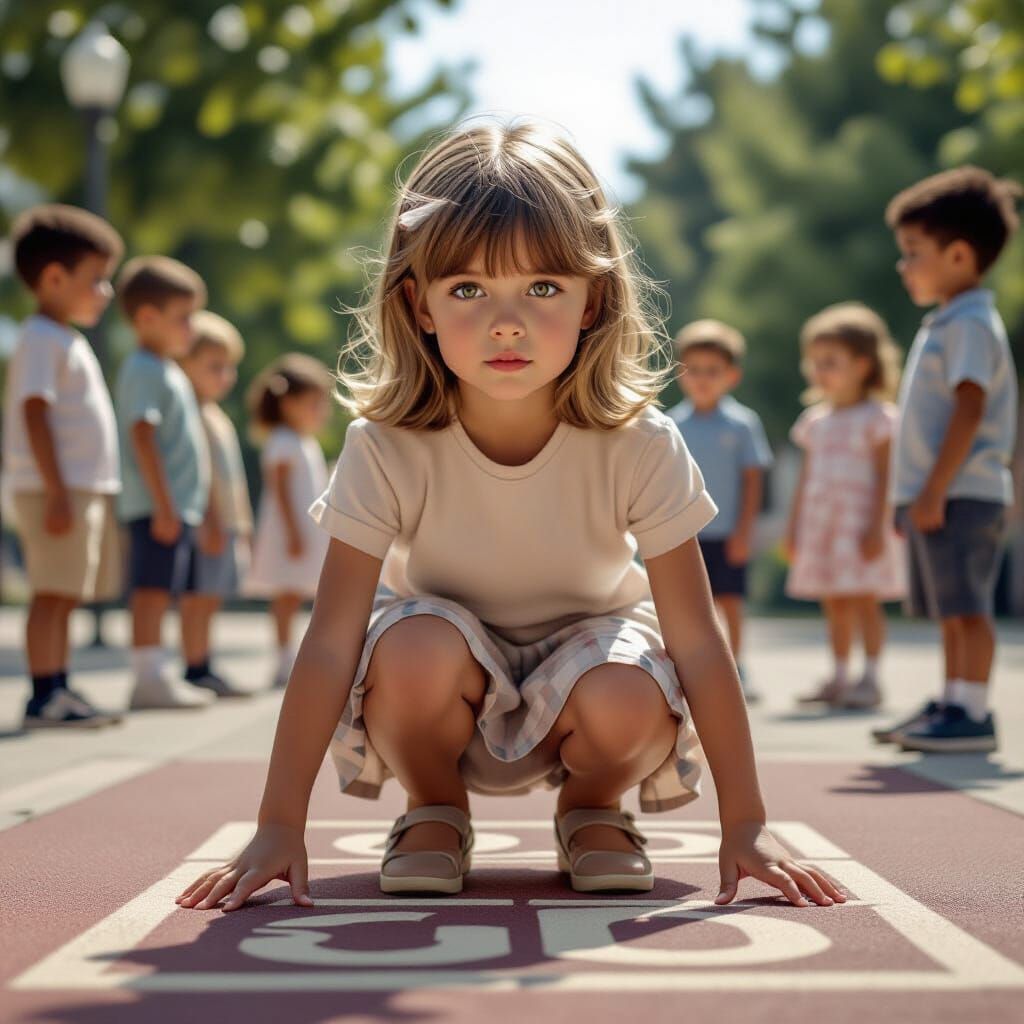 Eight-Year-Old Girl Plays Hopscotch in Hyperrealistic Style