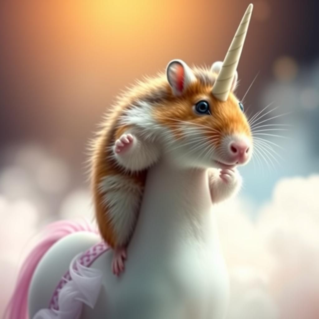Hamster riding a unicorn.