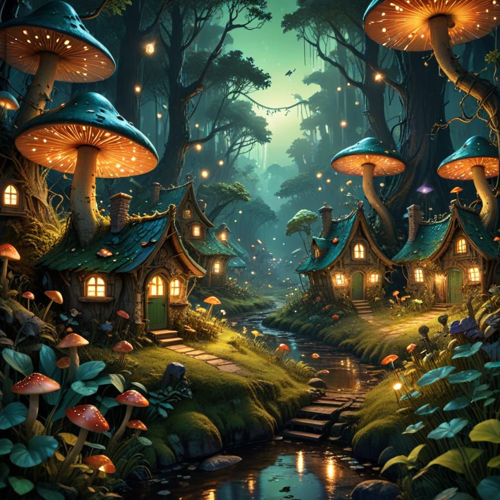 Enchanting Pixie Village with Mushroom Houses