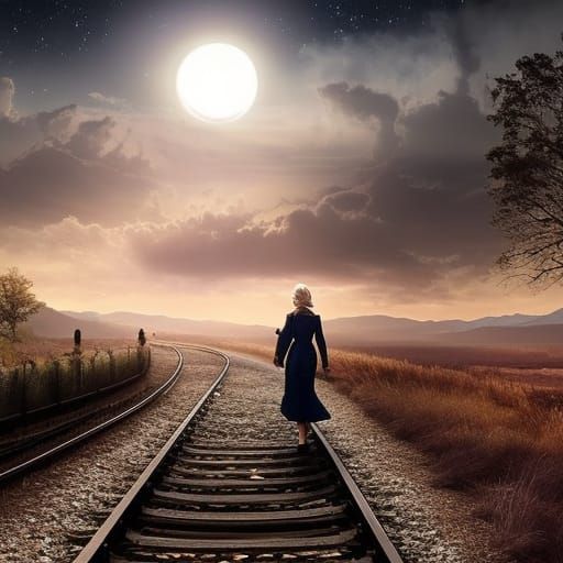Blonde Girl Walks Train Tracks Under Night Sky