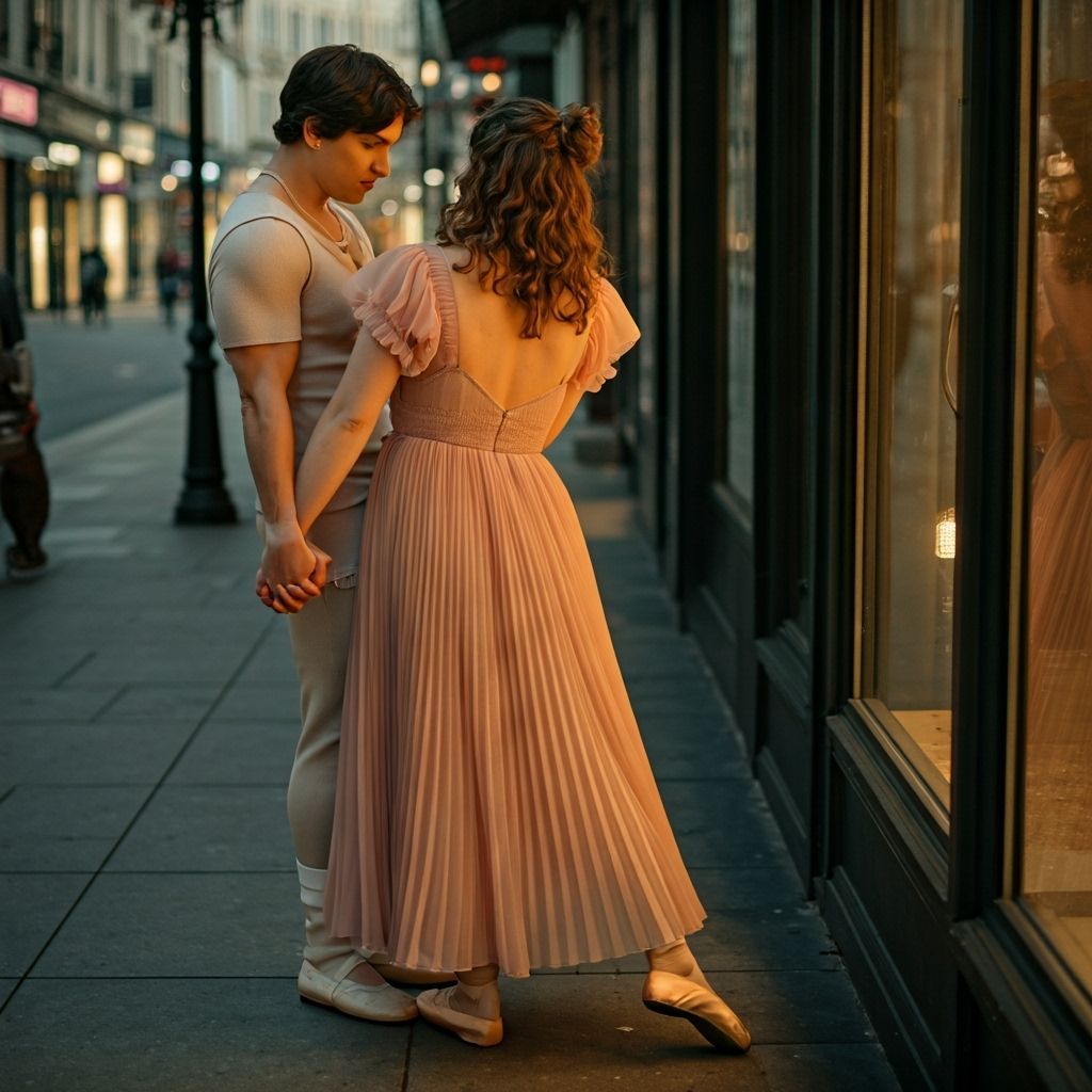 Man and Woman Admire Display Case in Cinematic Street Scene