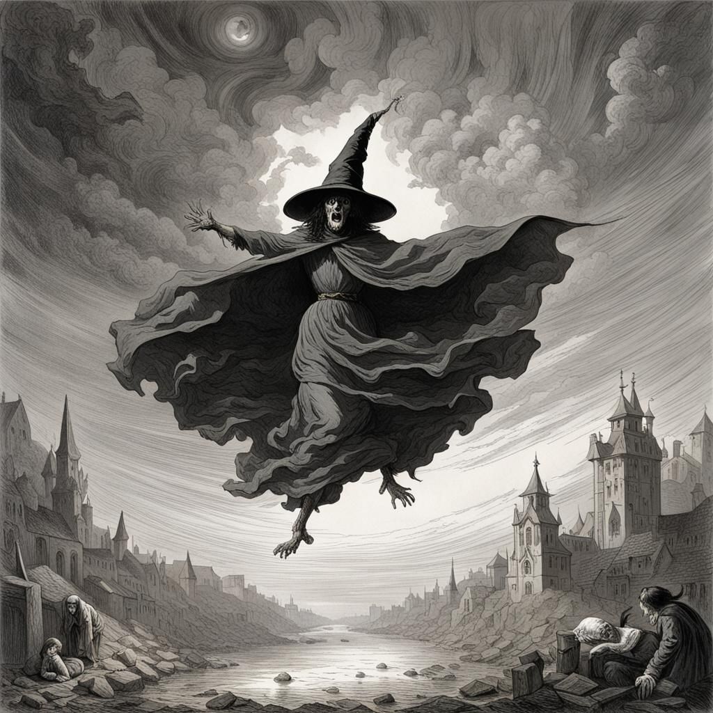 Upside Down Witch: Horror Art in Doré Style