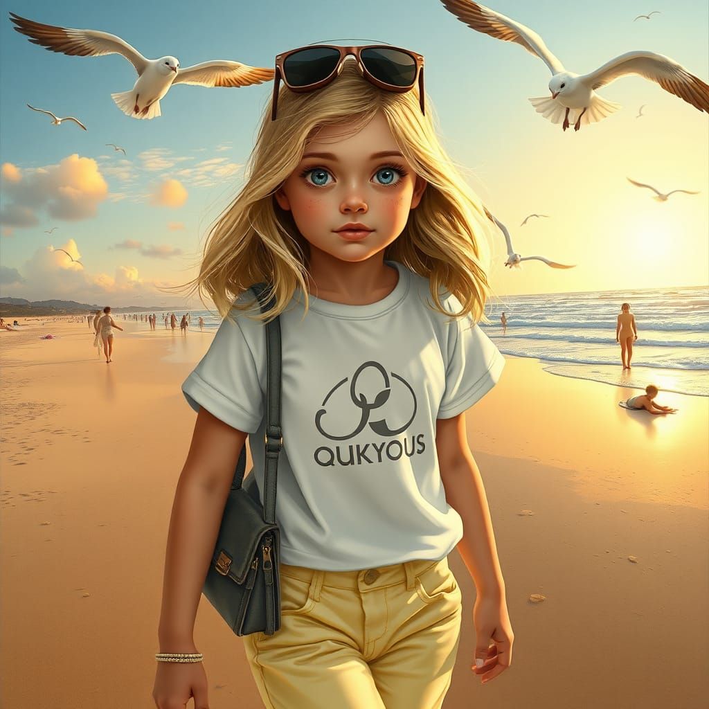 Art Nouveau Portrait of Girl on Beach