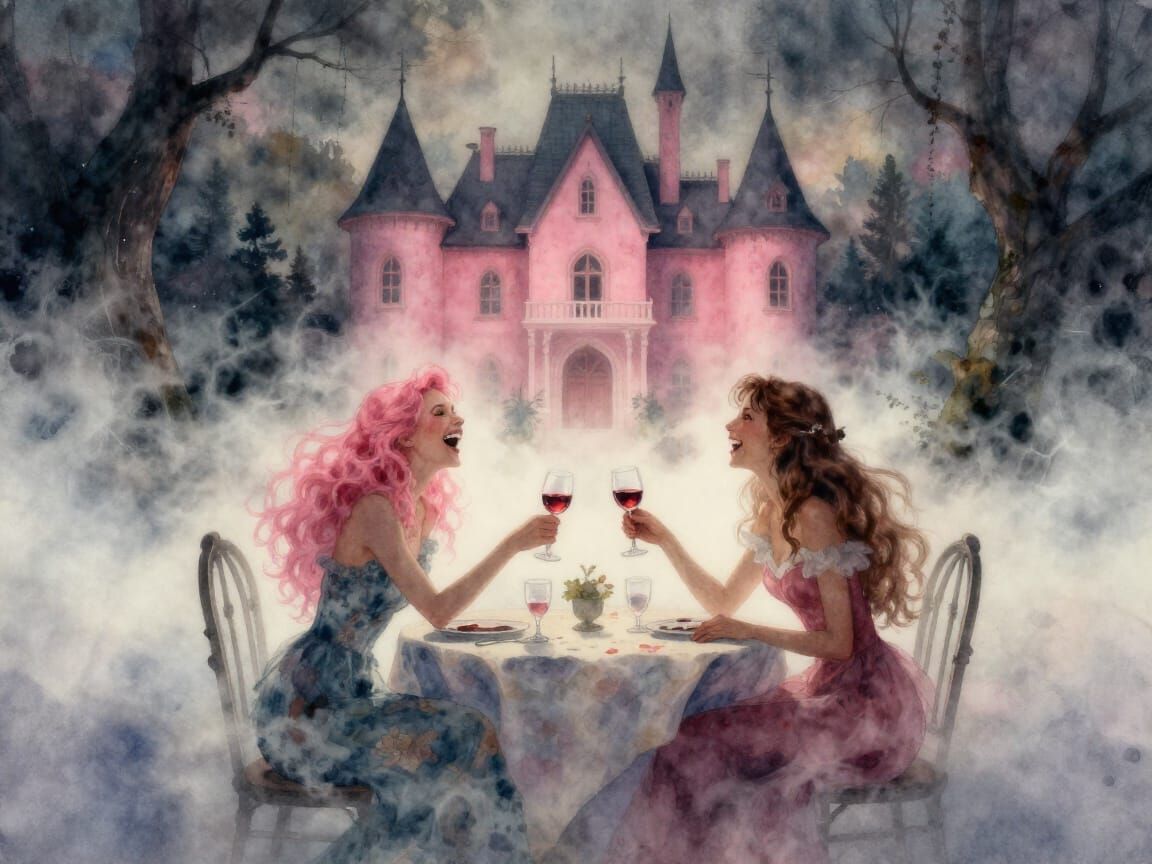 Fairies Toasting in Foggy Pink Mansion Watercolor