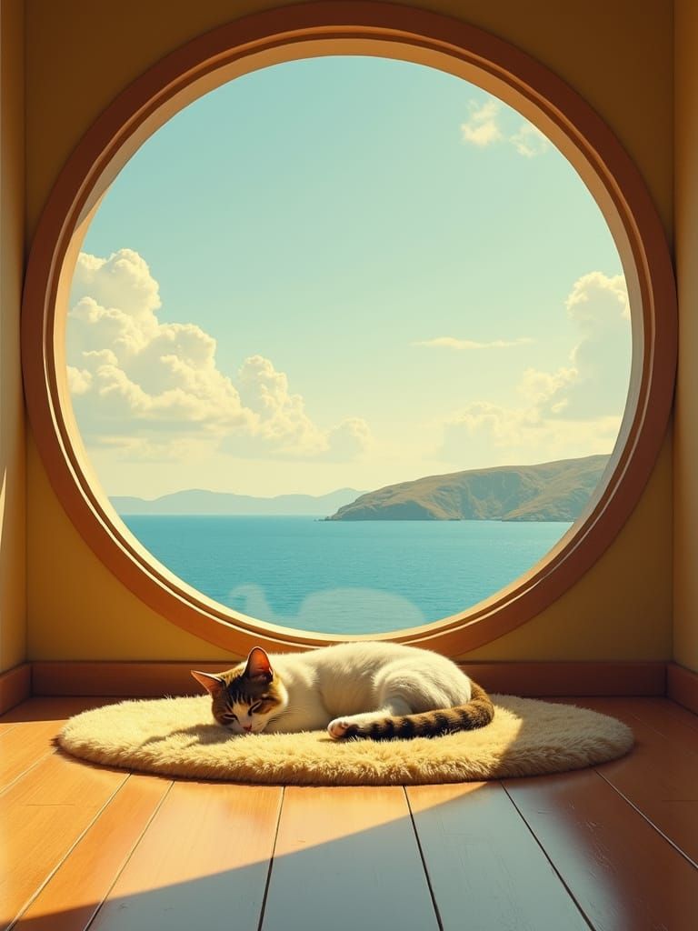 Cat Nap in Art Deco Room with Golden Light