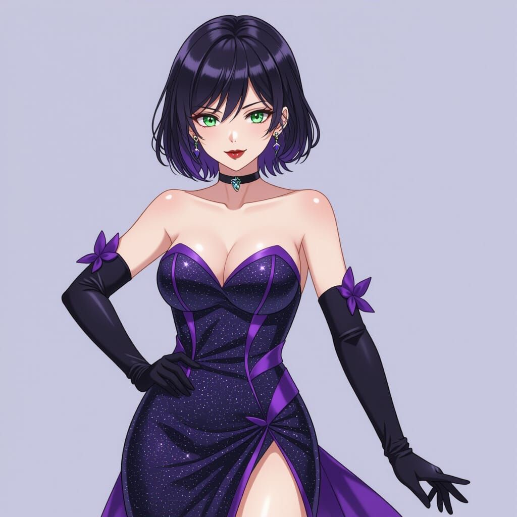 Anime Woman in Sparkling Black and Purple Dress
