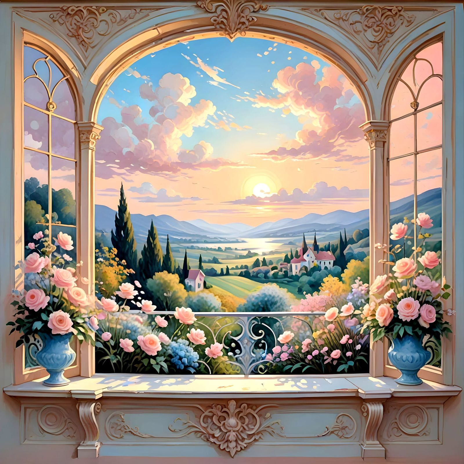 Romantic Mediterranean Villa Scene in Vibrant Color Gradient