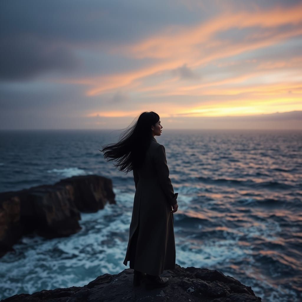 Melancholic Woman Gazing at Turbulent Sea at Twilight