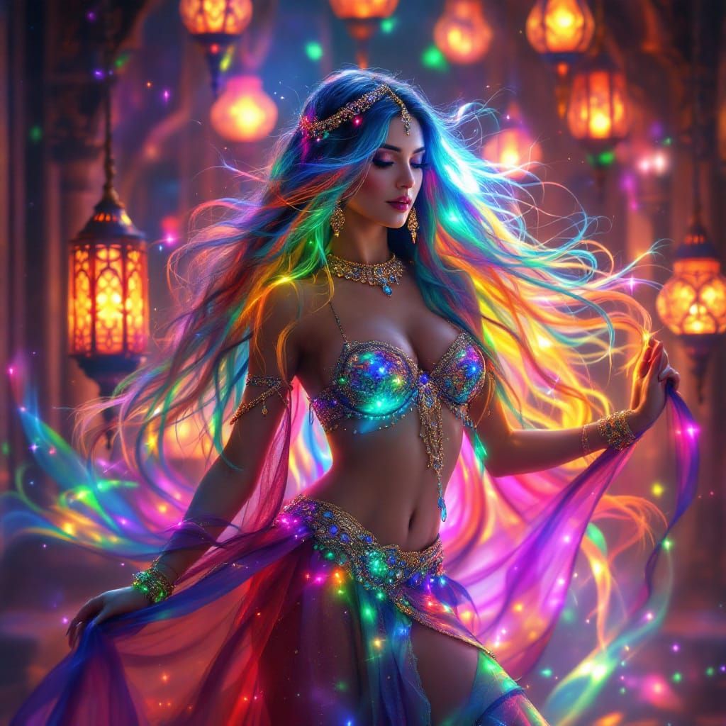 The Mystical Belly Dancer Amidst Glowing Lamps