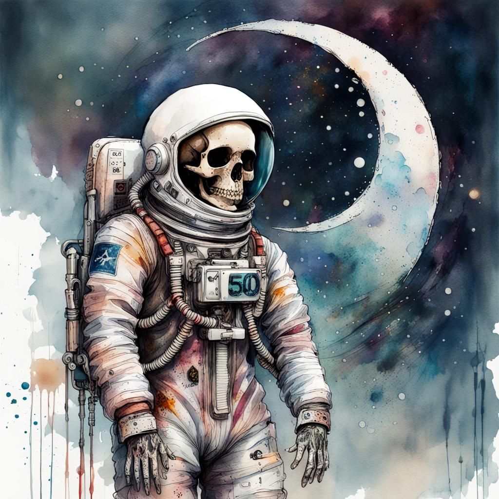 Skeleton Astronaut Celebrates Followers in Watercolor Style