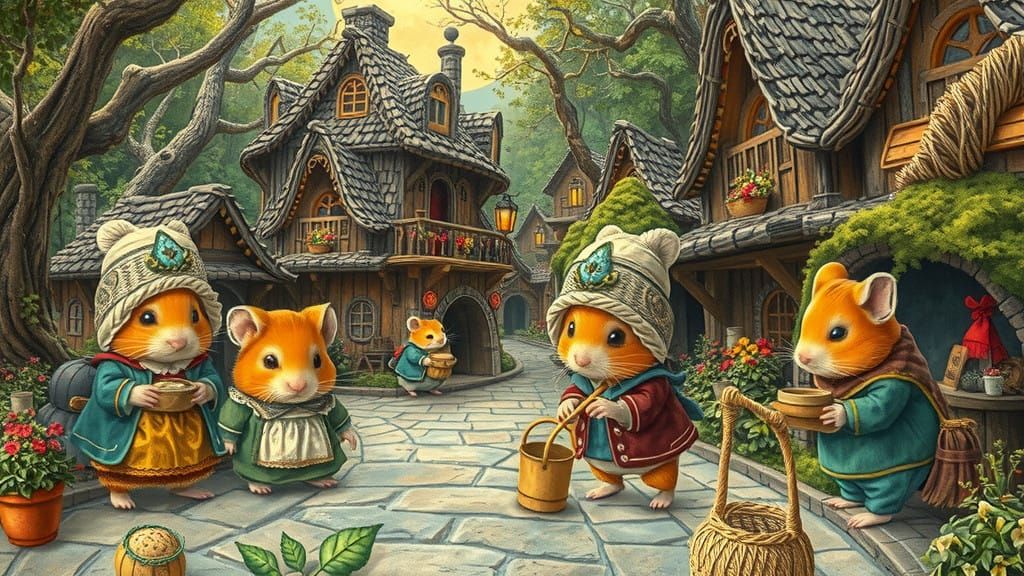 Enchanted Hamster Village Under Moonlit Forest