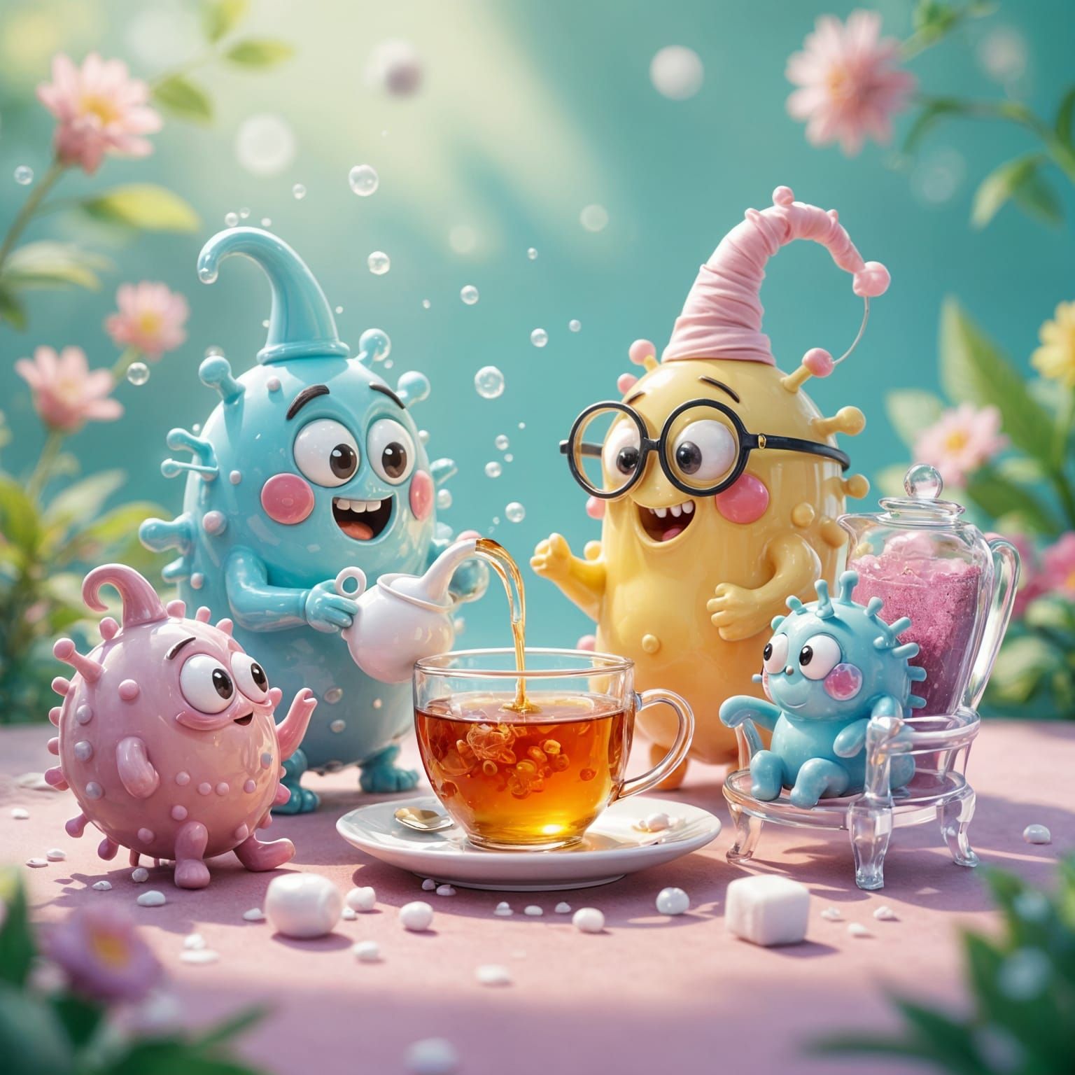 Cartoon Microbes Enjoy a Whimsical Tea Party