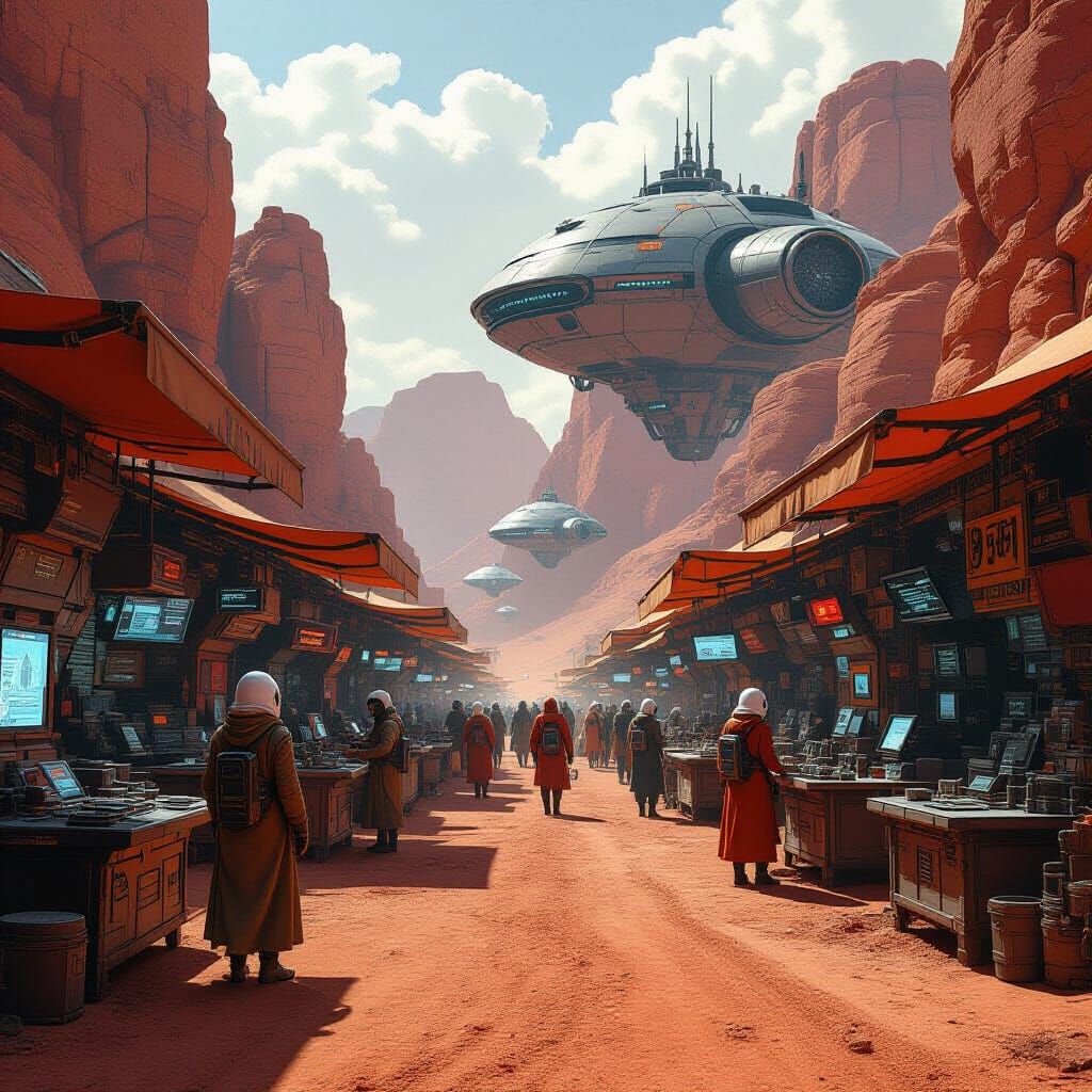 Bustling Martian Market with Alien Vendors