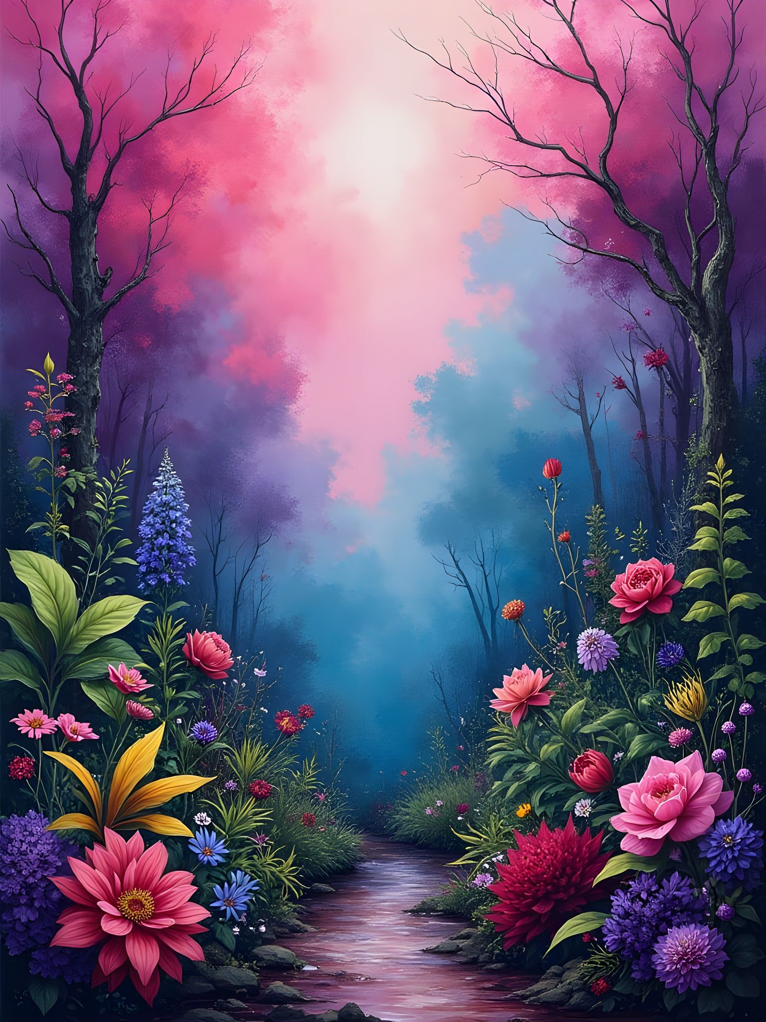 Whimsical Floral Oasis in Vibrant Graffiti Style