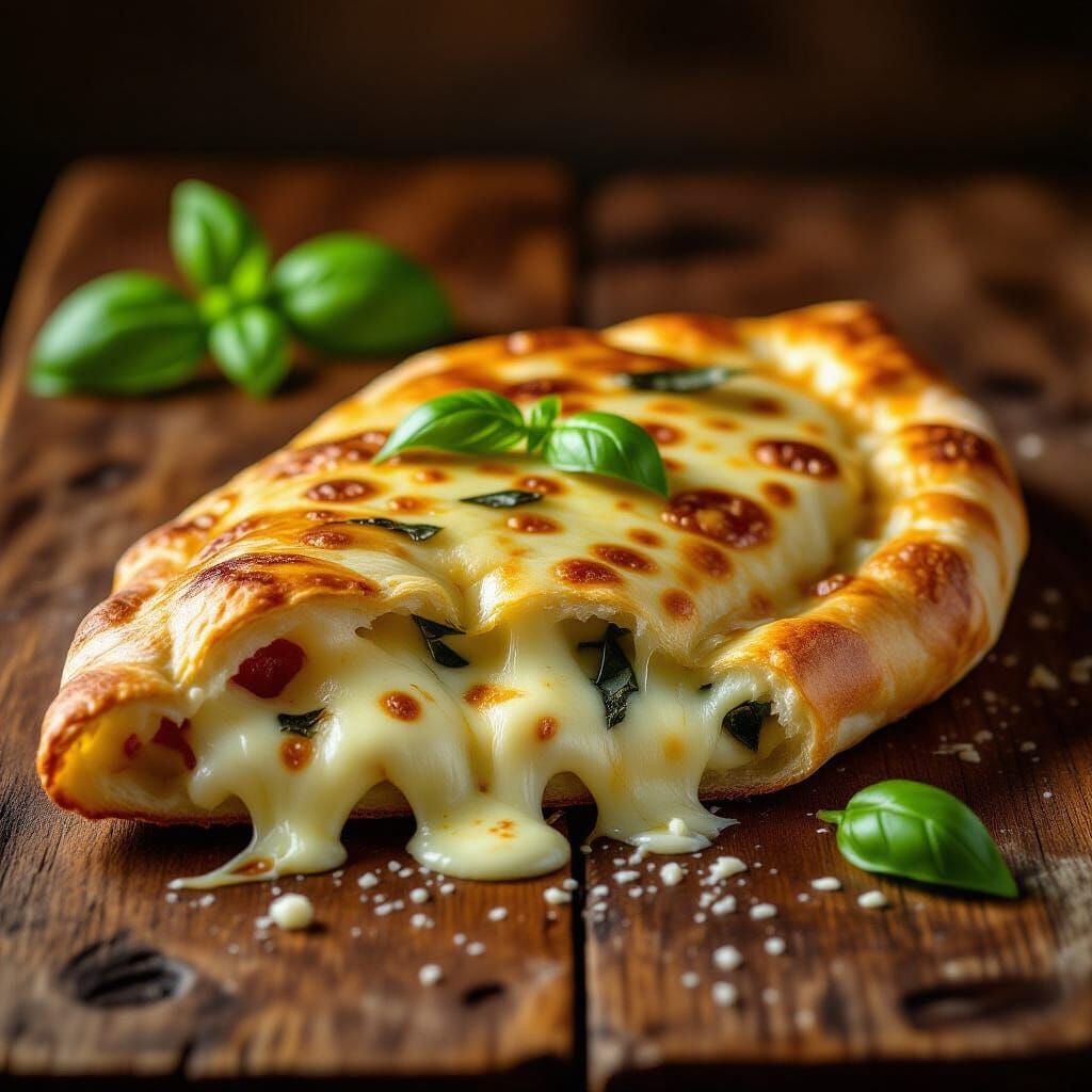 Hyper-Realistic Calzone with Melted Cheese, Rustic Style