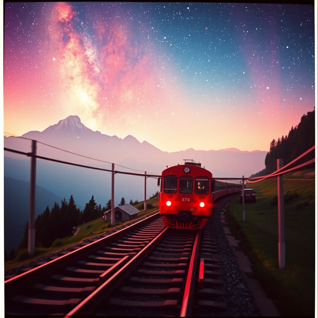 Surreal Magic Train in Austrian Alps Under Starry Sky