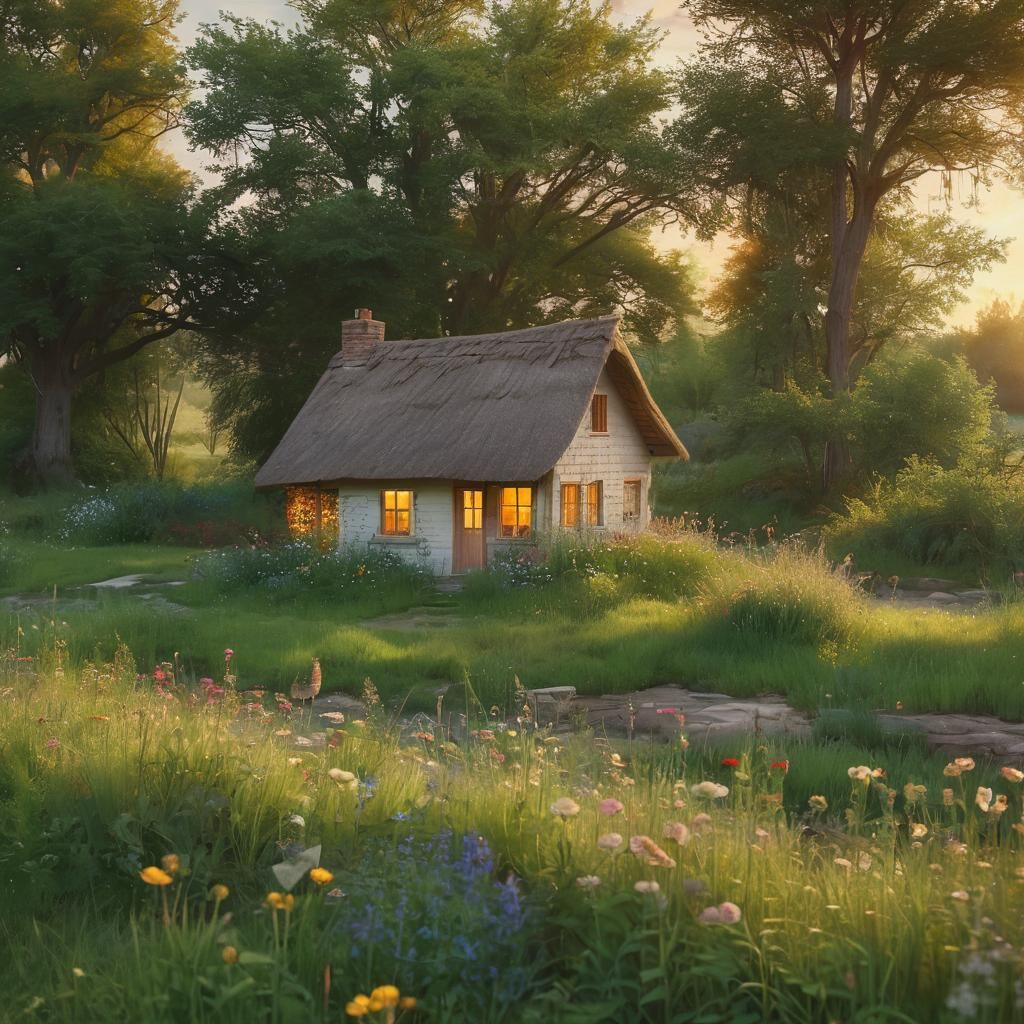 Cottage in Prairie at Sunset: Impressionistic Oil Painting