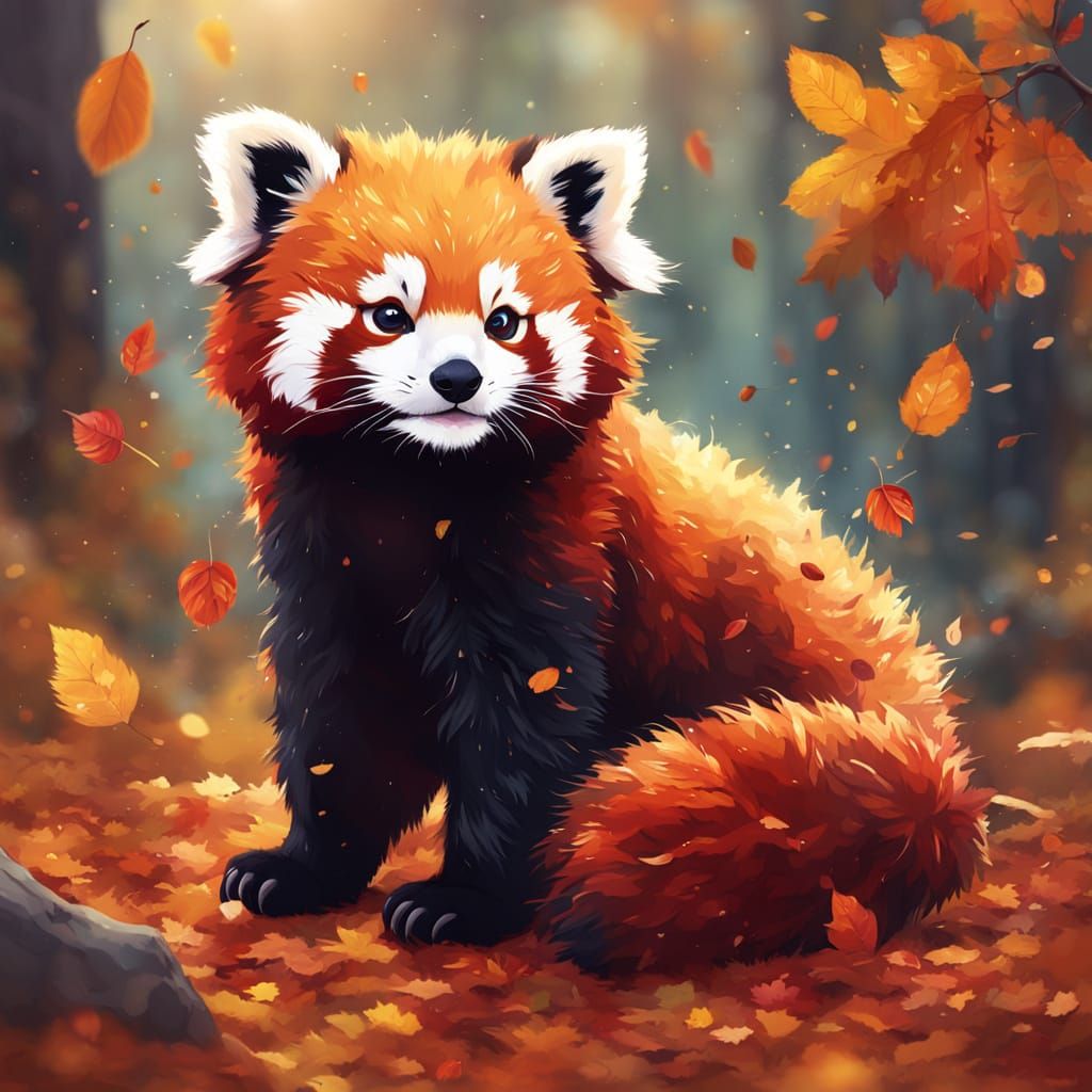 Cute Red Panda Cub in Autumn Forest, Splash Art Style