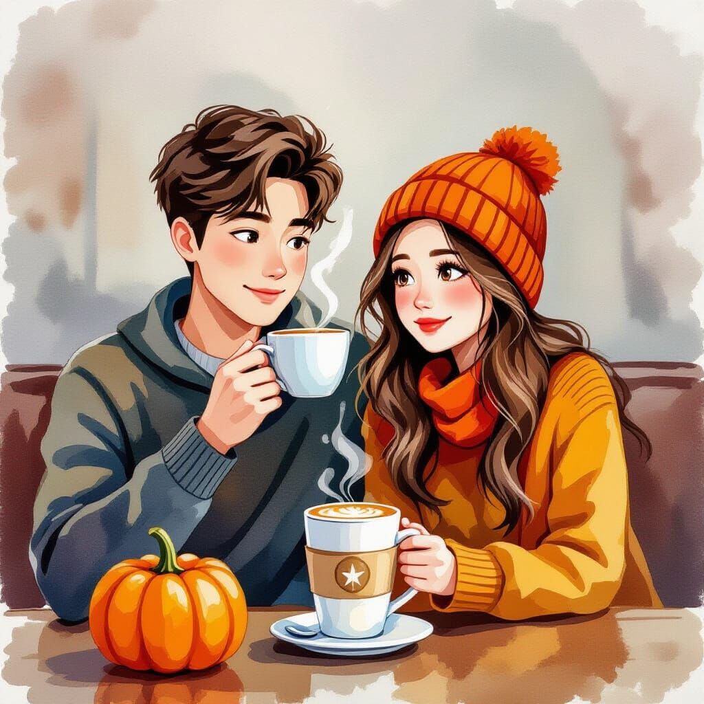 Young Couple Enjoying Pumpkin Spice Coffee as Gouache Art