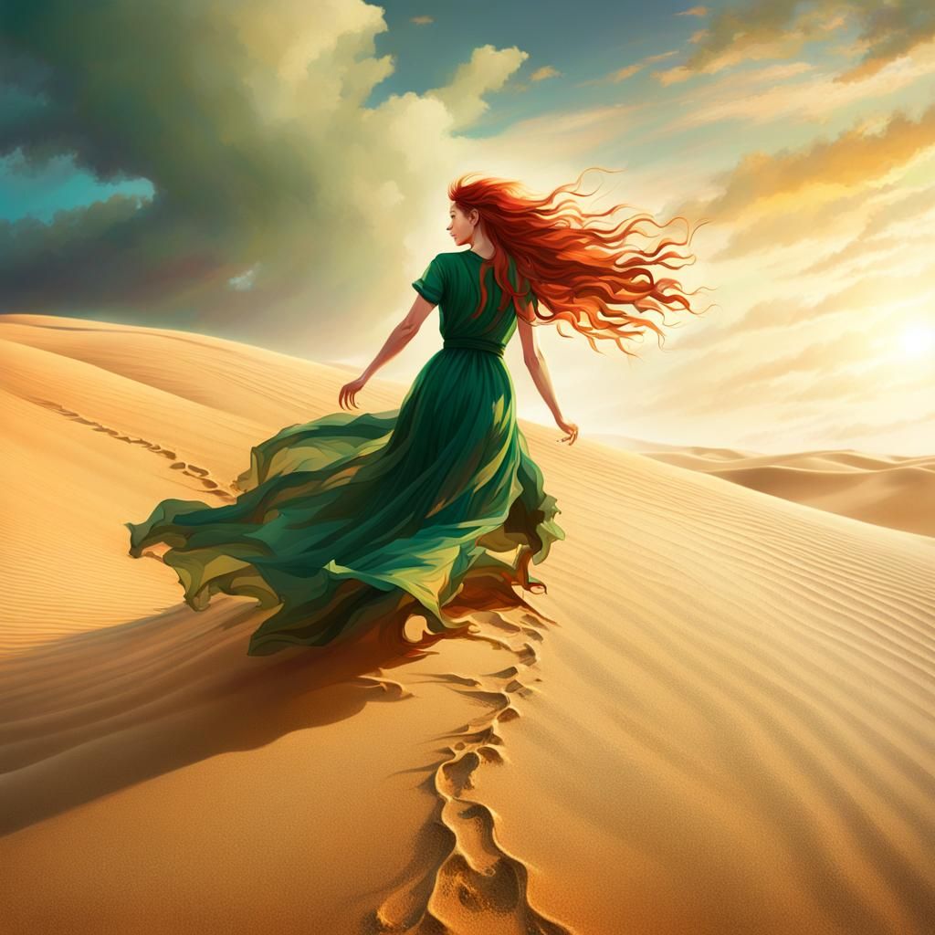 Red-Haired Girl Crawling Up Dune: Triadic Color Oil Painting