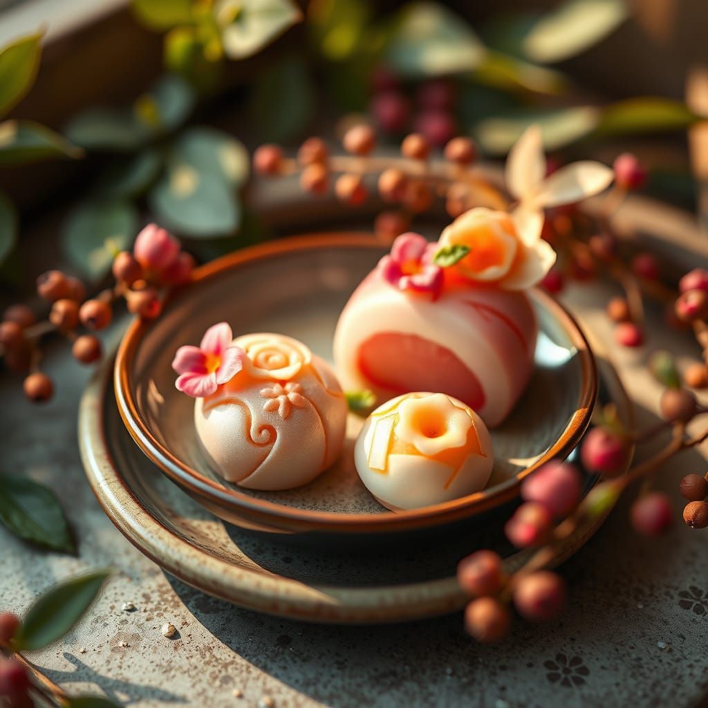 Traditional Japanese Wagashi Confections in Serene Whimsy
