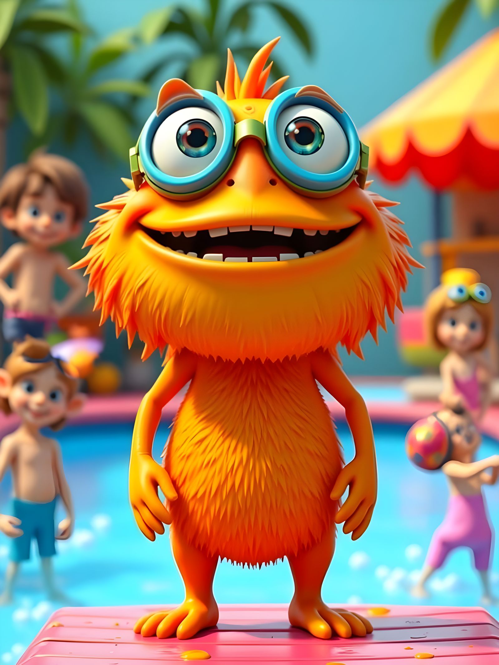 Joyful Cartoon Monster in a Pixar-Style Summer Scene