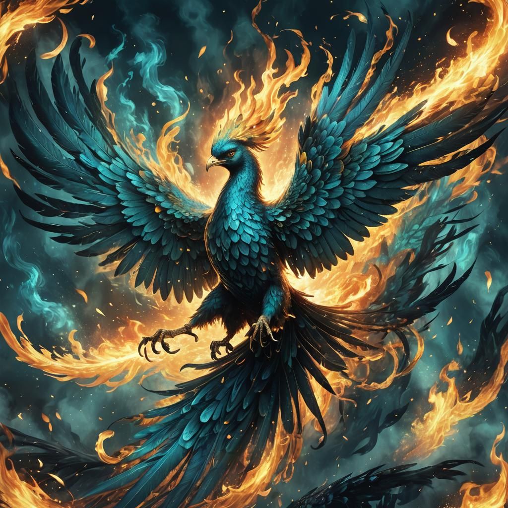 Teal Phoenix Rising in Fantasy Concept Art