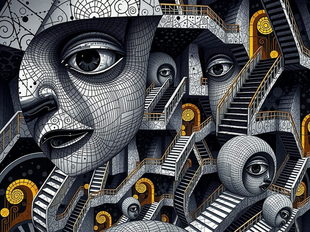 Escherian Metropolis in a Stylized, Cinematic Landscape