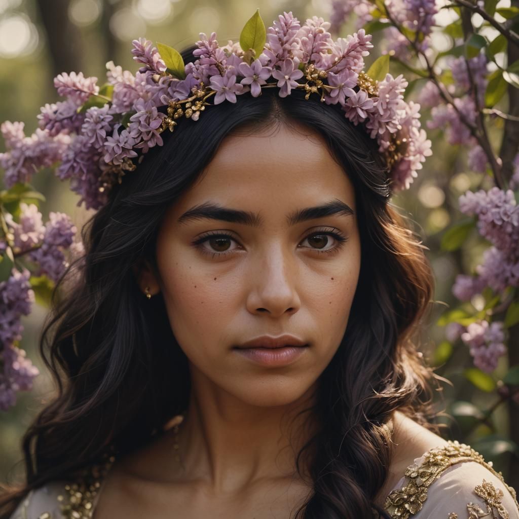 Latina with Lilac Crown in Cinematic Style