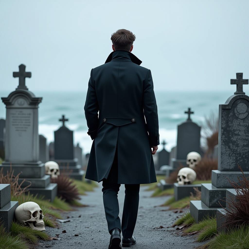 Elegant Man in Stylish Clothing at Coastal Cemetery