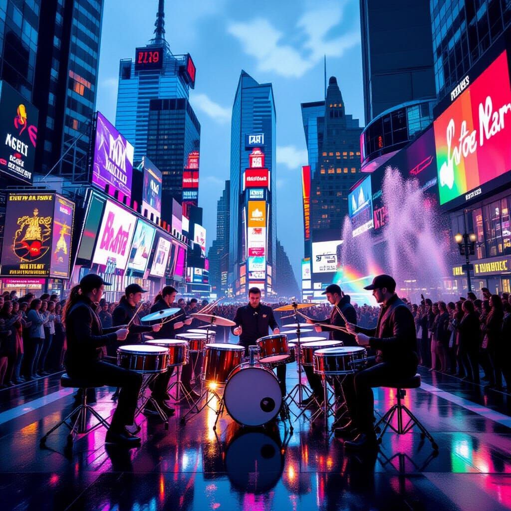 High-Energy Drumline on City Bridge in Digital Matte Style