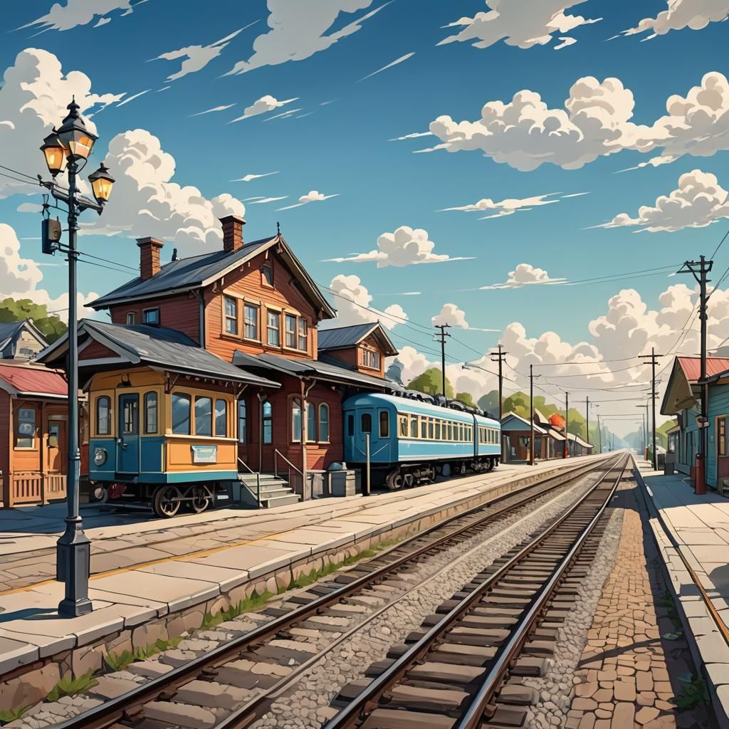 Colorful Cartoon of a Train Arriving at Station