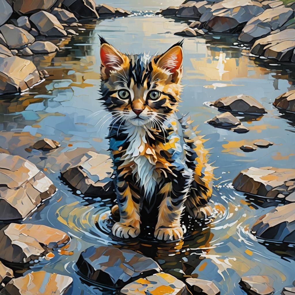Water Kitten: Expressionist Impasto Oil Painting
