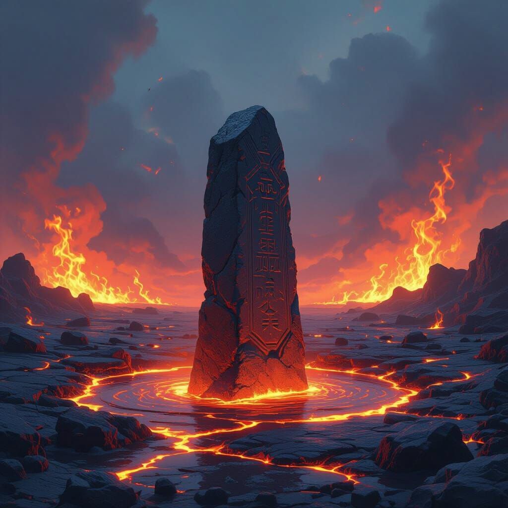 Volcanic Pillar Submerged in Lava: A Dystopian Vision