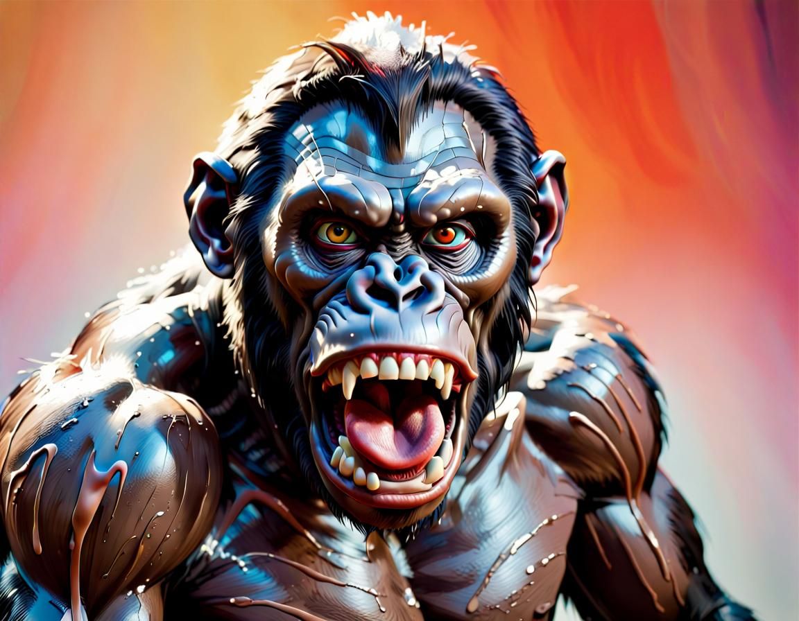 Hyperrealistic Ape-Human Hybrid Art, Gerald Scarfe Style