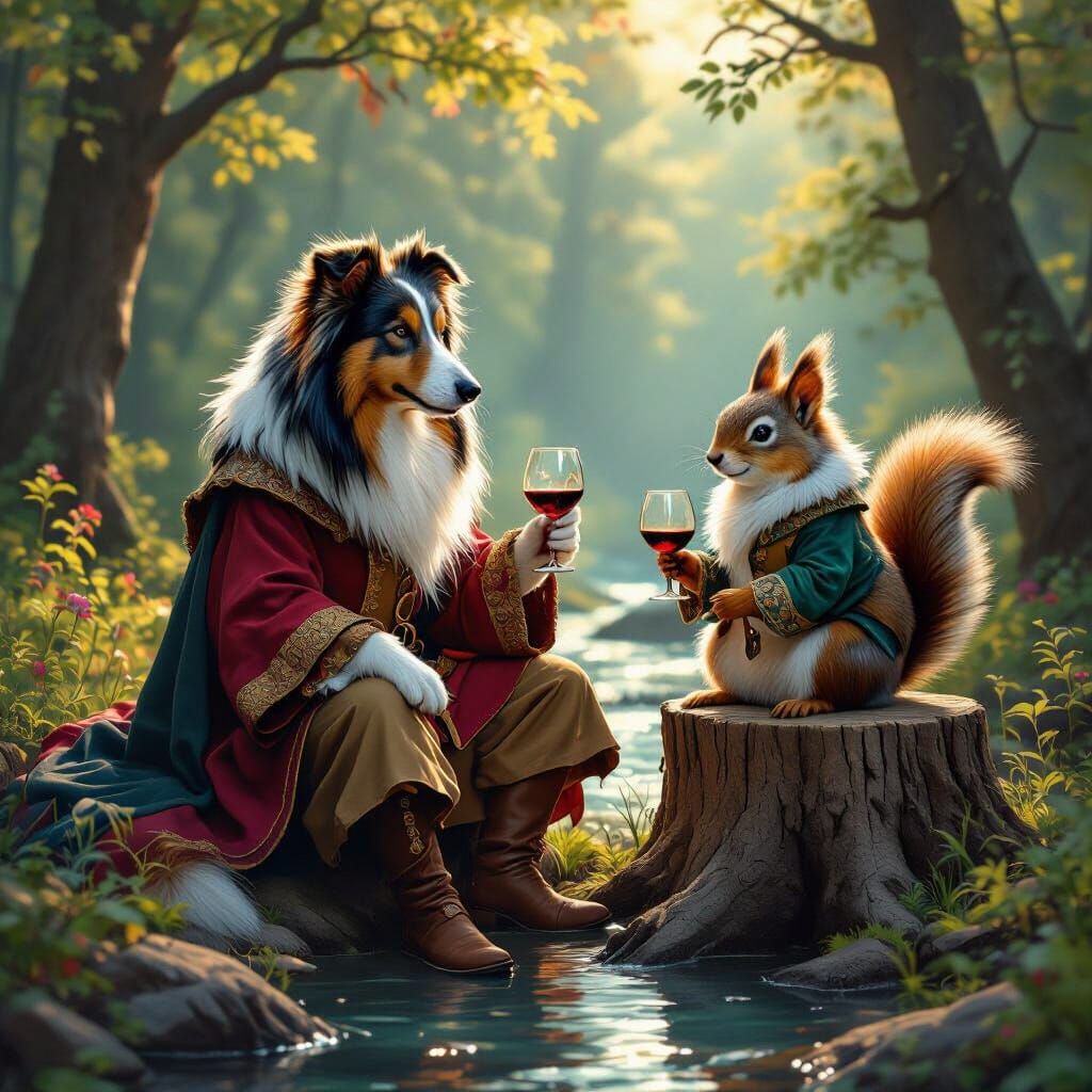 Tricolor Collie in Medieval Costume Chatting in Forest