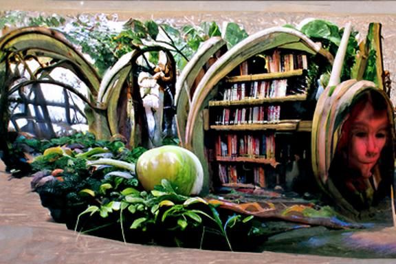 Eve in Library Garden Maze: Gurney-Style Oil Painting