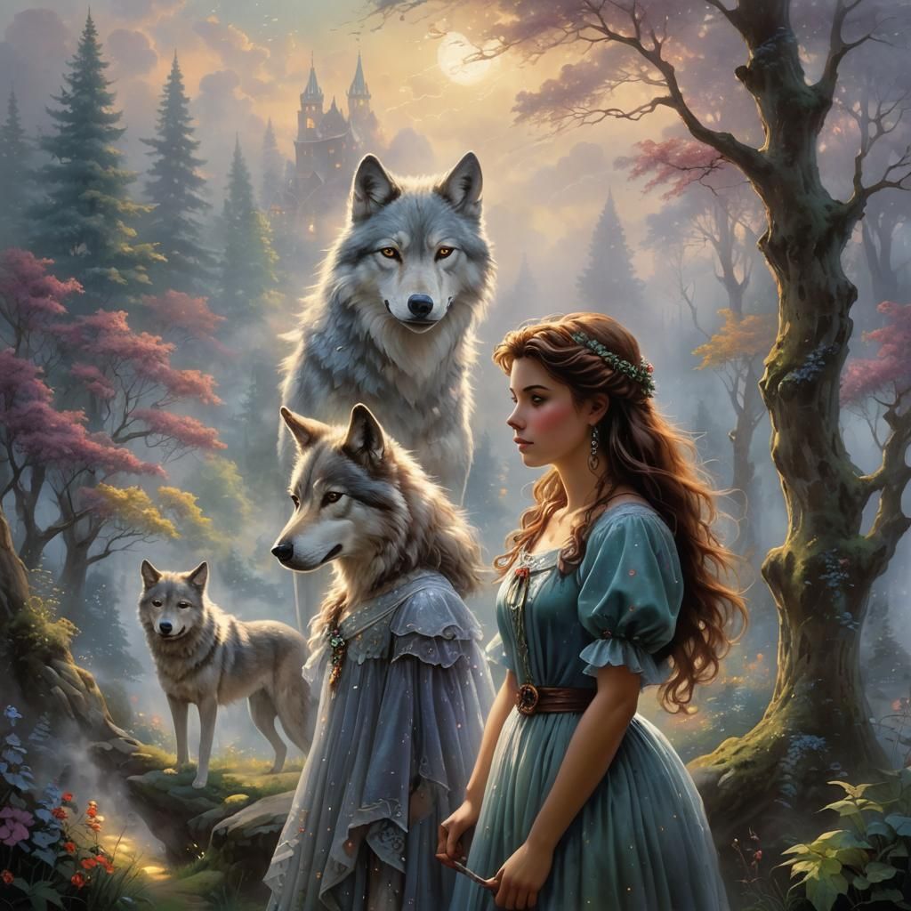 Ethereal Wolf Girl Fantasy in Thomas Kinkade Style
