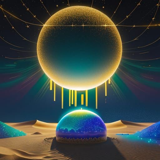 Teal and Gold Tents Under Cosmic Desert Sky