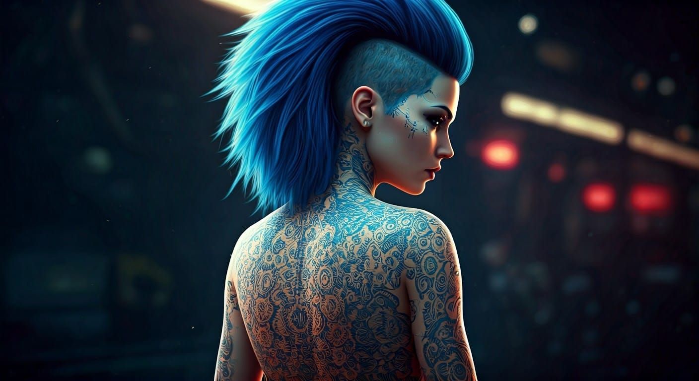 Cyberpunk Girl with Neogothic Tattoo in Hyperreal Style