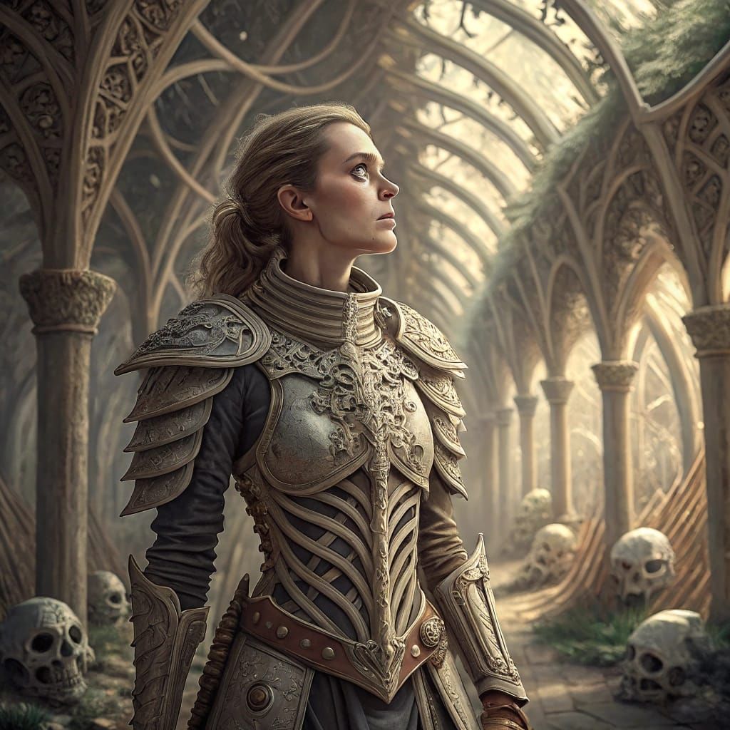 Anime manga picture of a woman in bone armor. In a chamber sculpted from bleached bone, where osseous pillars stretch to...