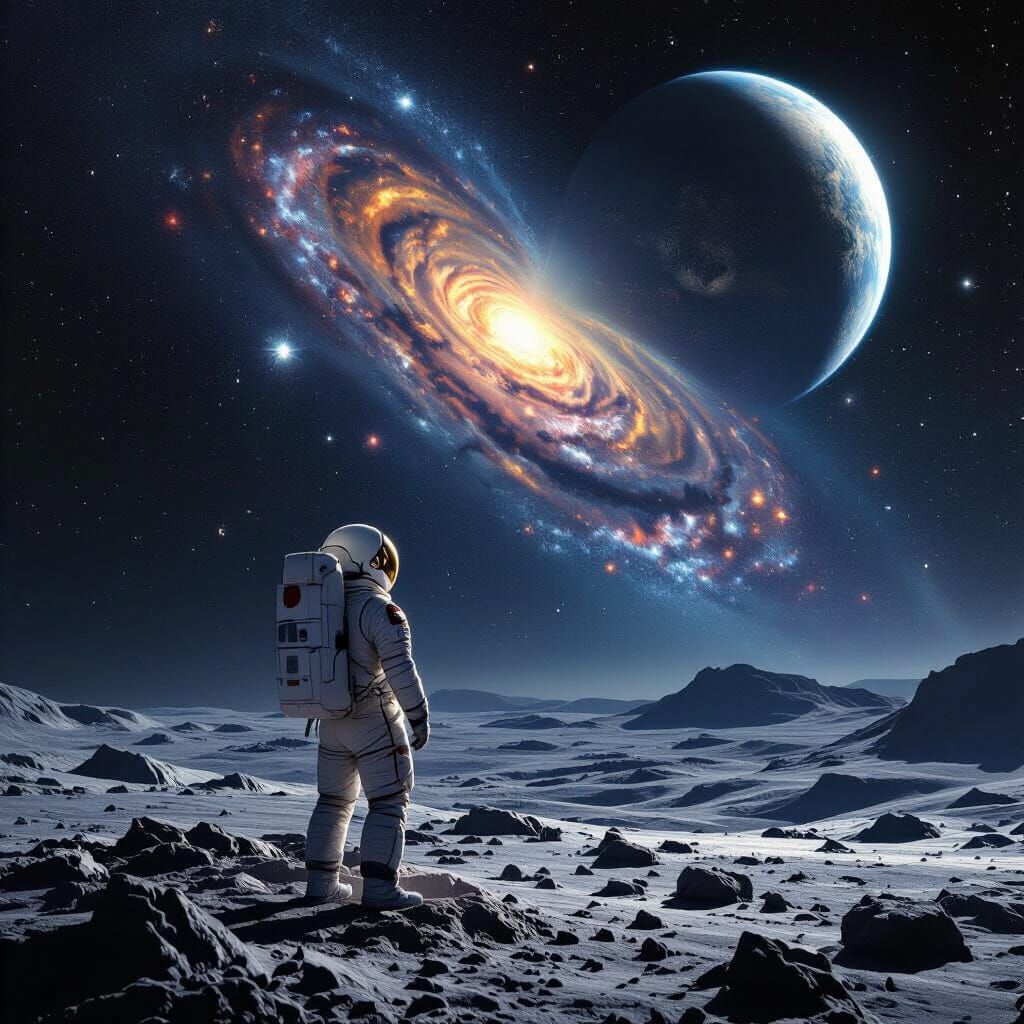 Astronaut Gazes at Cosmic Phenomenon on Distant Moon